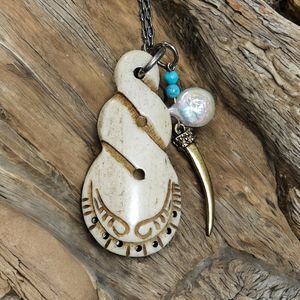 Hand Carved Artisan Pendant Necklace w/ Turquoise & Pearl Horn Charm Boho Navajo